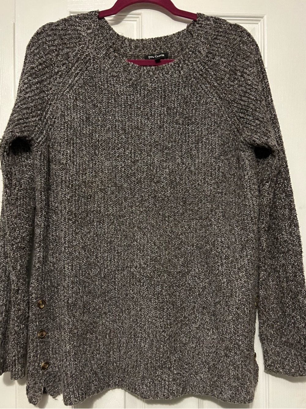 Pink Clover Gray Marled Crewneck Sweater with side button details.